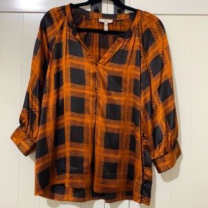 joie silk plaid orange black blouse large